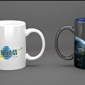 White Ceramic Mug with Satellite Communication Logo and Dark Mug with Earth Globe Design