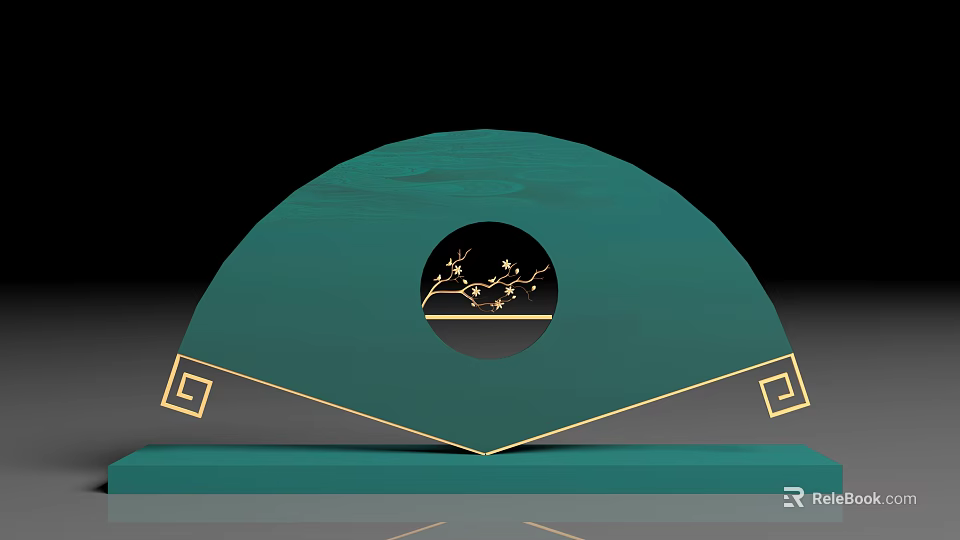 Green Fan Decor With Circular Black Center Golden Branch Flower Design And Gold Geometric Motifs 3d model 