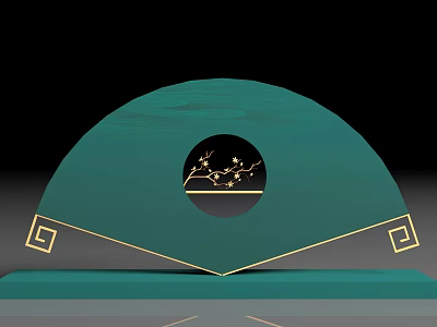 Green Fan Decor With Circular Black Center Golden Branch Flower Design And Gold Geometric Motifs 3d model