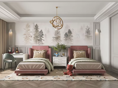 Elegant Bedroom Interior With Twin Pink Headboard Beds Forest Wallpaper Gold Chandelier And Area Rug 3d model