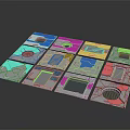 Twelve Gray Square Equipment Pieces With Different Holes Grooves Arranged Neatly On Dark Background