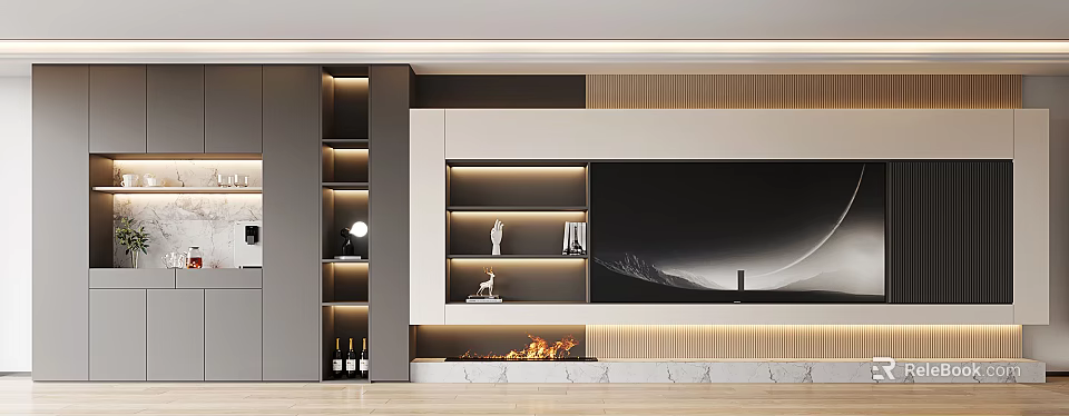 Modern TV Background Wall Design with LED Strips Fireplace and Display Shelves 3d model 