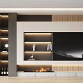 Modern TV Background Wall Design with LED Strips Fireplace and Display Shelves