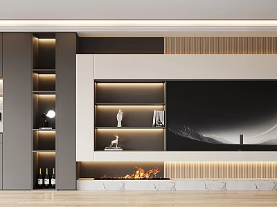 Modern TV Background Wall Design with LED Strips Fireplace and Display Shelves 3d model