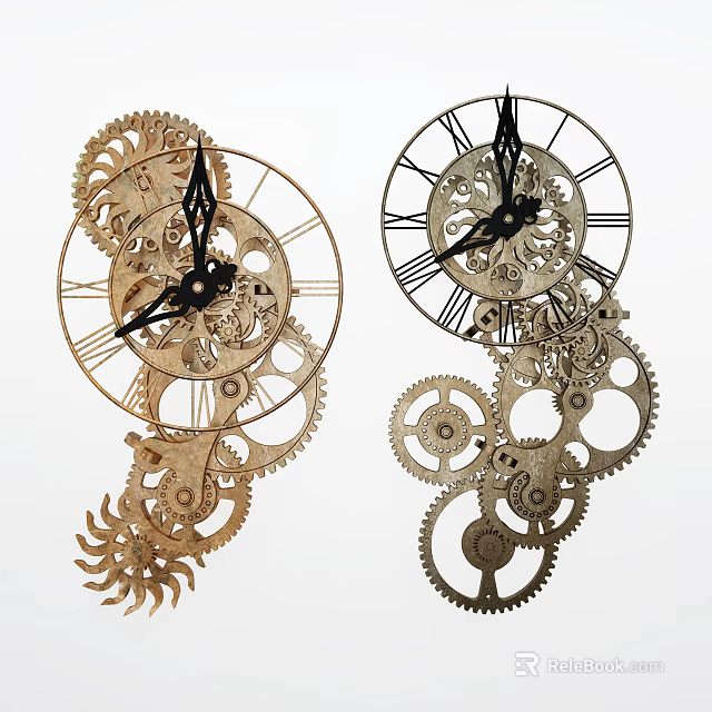 Decorative Vintage Clocks With Intricate Gear Mechanisms And Ornate Designs 3d model 