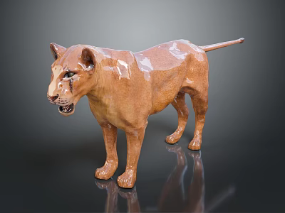 Polygonal Brown Lion Sculpture With Glossy Texture And Reflective Surface On Dark Background 3d model