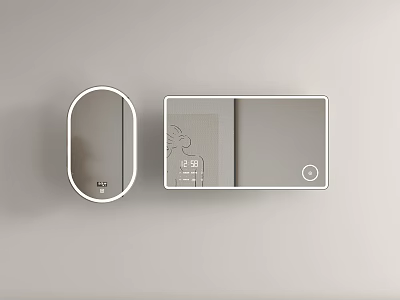 Oval White Frame Mirror On Light Wall With Rectangular Cabinet Decorative Pattern And Round Knob 3d model