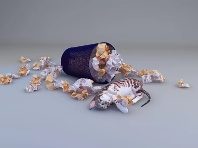 Tiger Striped Reptile Lying on Floor Near Blue Trash Can With Scattered Crumpled Papers 3d model