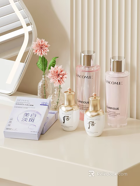 Cozy Bedroom Dressing Table Setup With Skincare Products Pink Flowers And Glass Vase 3d model 