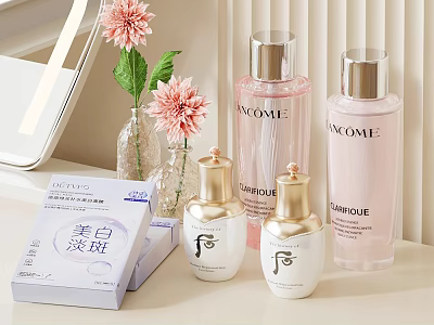 Cozy Bedroom Dressing Table Setup With Skincare Products Pink Flowers And Glass Vase 3d model