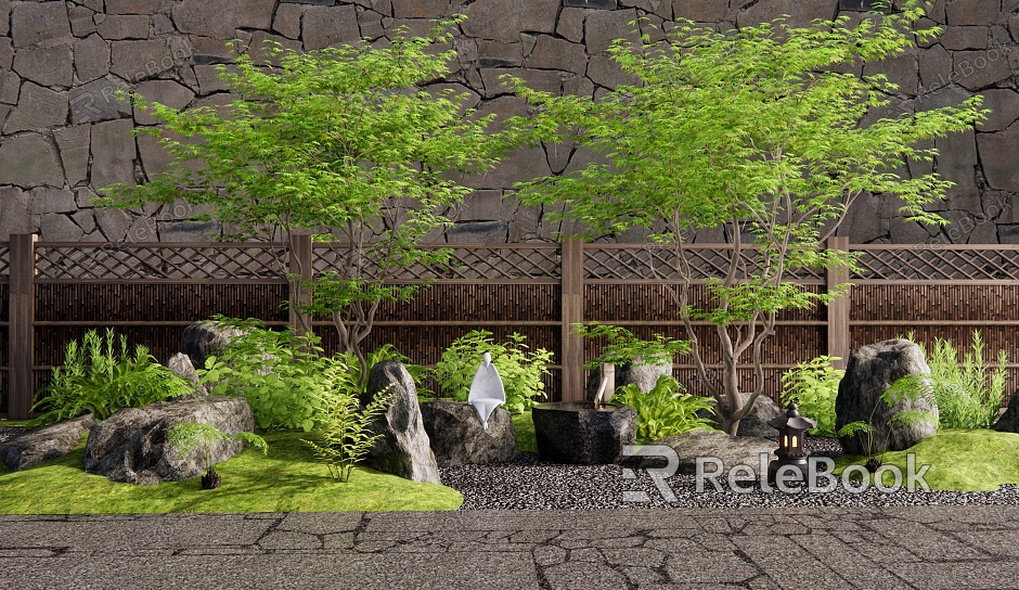 Japanese-style courtyard landscape landscaping dry landscape courtyard sketch stone landscape stone water bowl maple bamboo hedge fence plant landscape model