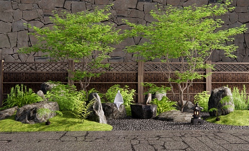 Japanese-style courtyard landscape landscaping dry landscape courtyard sketch stone landscape stone water bowl maple bamboo hedge fence plant landscape 3d model