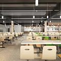 Spacious Cafeteria With Arranged Tables Chairs And Hanging Lights 3d model