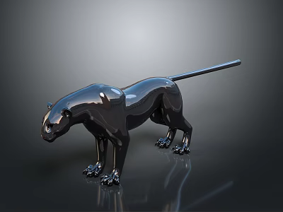 Black Panther Sculpture With Shiny Smooth Surface On Dark Reflective Background 3d model