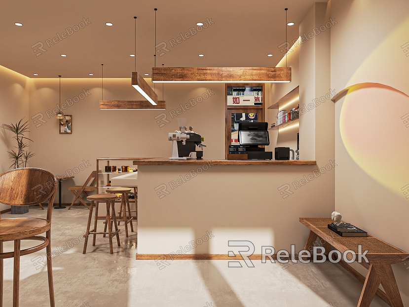 Qui Cafe Coffee Shop Milk Tea Shop Sweet Shop Bar Cashier Console Leisure Table and Chair Kitchen Equipment model