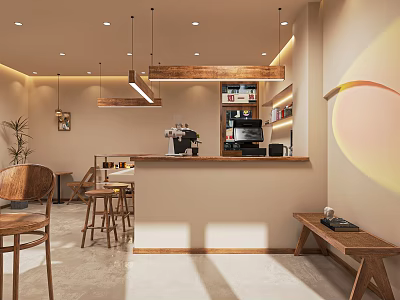Cozy Warm Café Interior Design With Wooden Counter Hanging Lights Tables Chairs And Coffee Machine 3d model