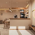 Cozy Warm Café Interior Design With Wooden Counter Hanging Lights Tables Chairs And Coffee Machine