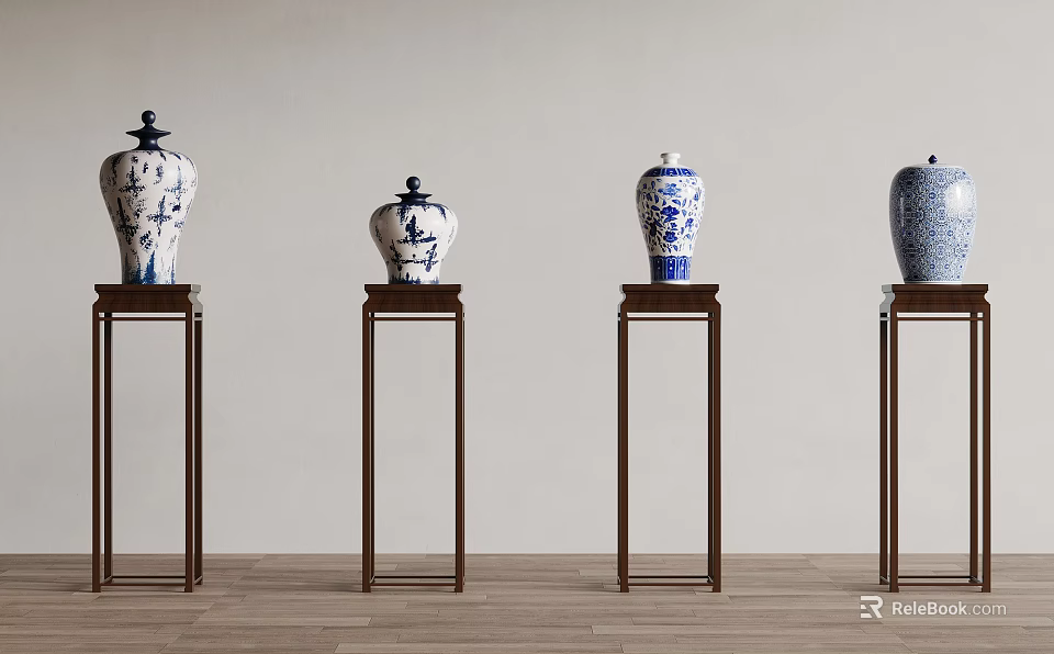 Blue and White Ceramic Vases with Traditional Patterns on Dark Wooden Stands Against Light Wall 3d model 