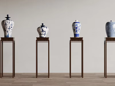 Blue and White Ceramic Vases with Traditional Patterns on Dark Wooden Stands Against Light Wall 3d model
