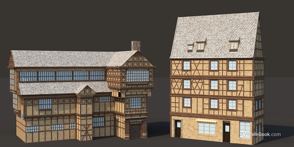 Traditional Half Timbered Detached Villas With Gray Roofs And Multiple Windows 3d model 
