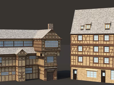 Traditional Half Timbered Detached Villas With Gray Roofs And Multiple Windows 3d model