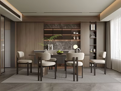 Modern Restaurant Interior Design With Wooden Walls Marble Backsplash Dining Table And Chairs 3d model