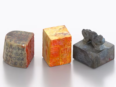 Vintage Carved Stone Ornament Set with Red Inscriptions and Animal Sculpture Decor 3d model