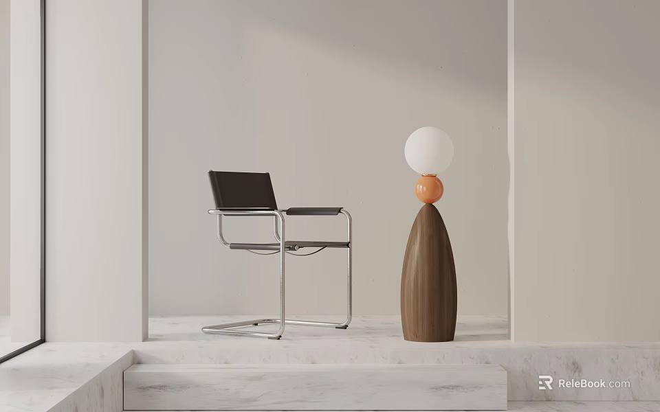 Modern Black Office Chair With Metal Frame In Minimalist Interior With Floor Lamp And Marble 3d model 