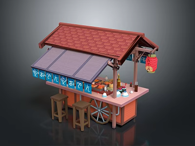 Traditional Street Food Stall Featuring Red Tile Roof Purple Awning Blue Signs And Red Lantern 3d model