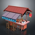 Traditional Street Food Stall Featuring Red Tile Roof Purple Awning Blue Signs And Red Lantern
