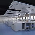 Modern Laboratory Interior With White Tables Fume Hoods And Display Screens