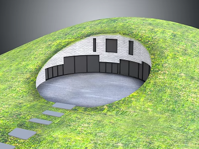 Cartoon Scene of Round Building on Grass Hill with Black Doors Windows and Stone Path 3d model