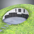 Cartoon Scene of Round Building on Grass Hill with Black Doors Windows and Stone Path