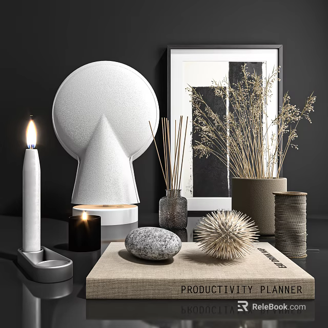 Stylish Decorative Ornament Set with Candle Reed Diffuser Dried Plants and Stone for Modern Home 3d model 