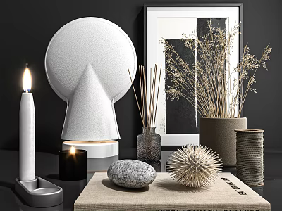 Stylish Decorative Ornament Set with Candle Reed Diffuser Dried Plants and Stone for Modern Home 3d model