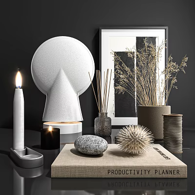 Stylish Decorative Ornament Set with Candle Reed Diffuser Dried Plants and Stone for Modern Home 3d model
