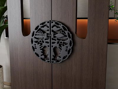 Wooden Partition Featuring Circular Carved Landscape Design With Warm Side Lighting 3d model