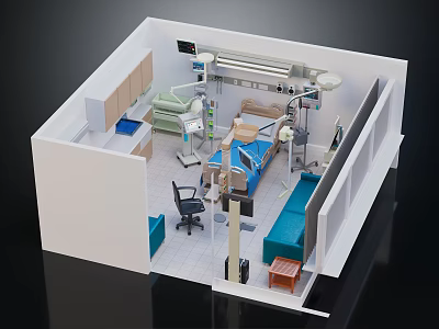 Hospital Room Interior Design With Medical Bed Equipment And Blue Furniture Setup 3d model