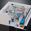 Hospital Room Interior Design With Medical Bed Equipment And Blue Furniture Setup