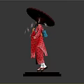Traditional Red Kimono Costume With Doll Figure And Red Umbrella Cherry Blossom Petals