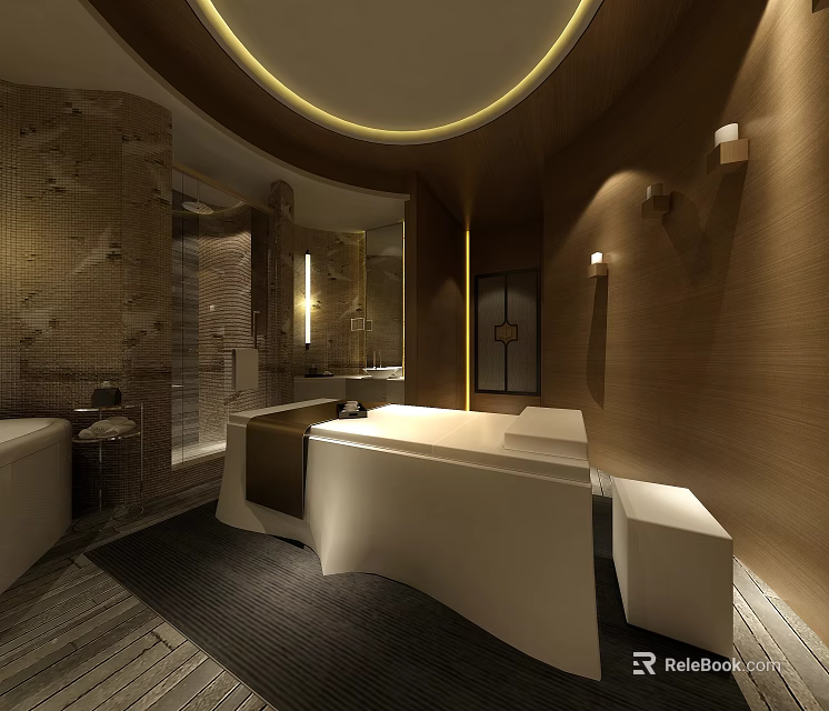 Modern SPA Sauna Interior Design With Wooden Walls Rounded Ceiling And Massage Bed 3d model 