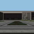 Modern Traditional Cultural Center Building With Red Grille Windows And Front Square Greenery
