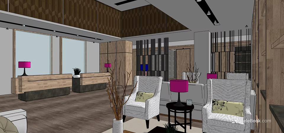 Modern Hotel Lobby Interior With Reception Desk White Sofas Purple Lamps And Decorative Plants 3d model 