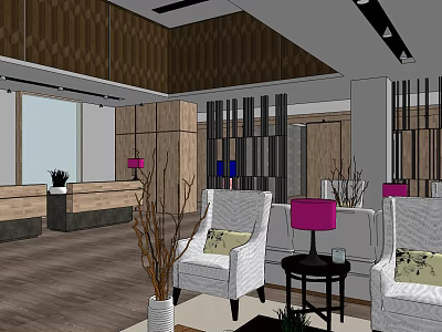 Modern Hotel Lobby Interior With Reception Desk White Sofas Purple Lamps And Decorative Plants 3d model