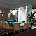 Modern Elegant Entertainment Table With Round Shape Blue LED Light Brown Chairs And Bookshelf