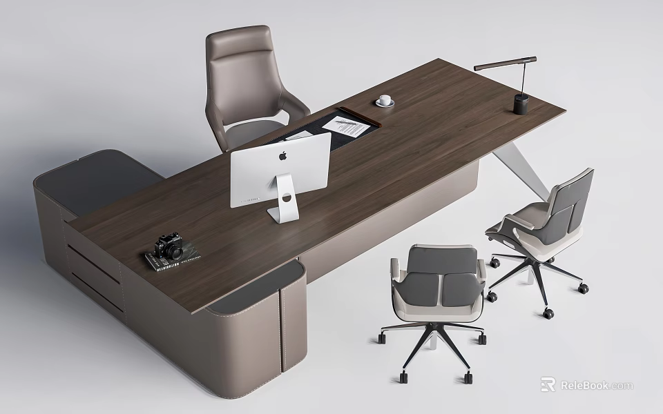 Modern Wooden Office Desk With Computer Monitor Chair And Desk Lamp 3d model 