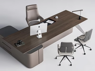 Modern Wooden Office Desk With Computer Monitor Chair And Desk Lamp 3d model