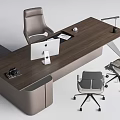 Modern Wooden Office Desk With Computer Monitor Chair And Desk Lamp