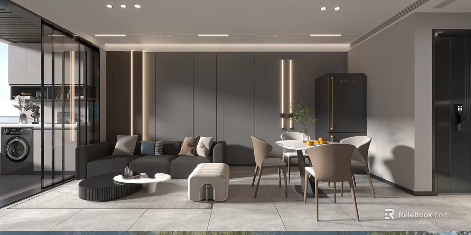 Modern Living And Dining Room Interior Design With Grey Wall Sofa Dining Table And Lighting 3d model