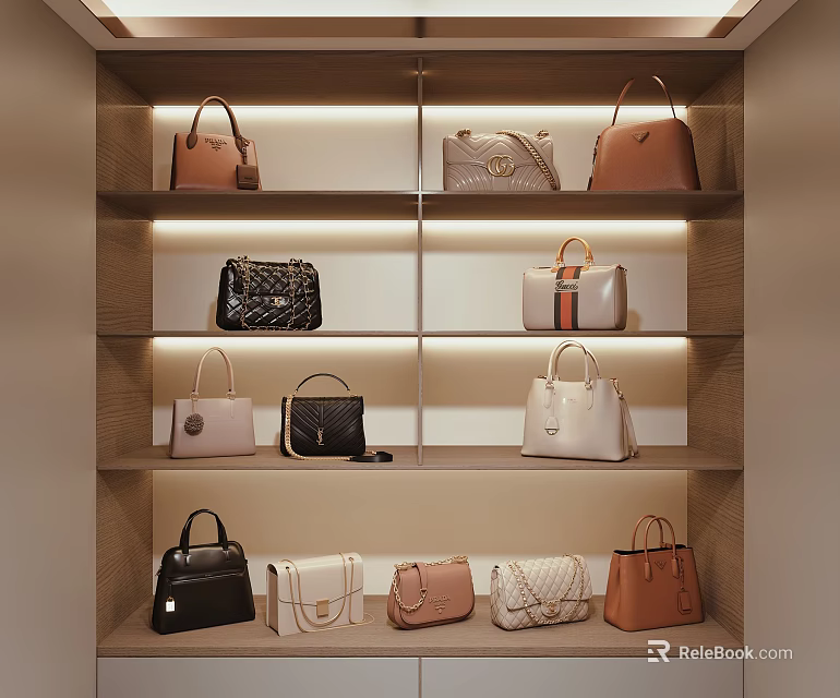Stylish Luxury Handbags Displayed on Wooden Shelves With Various Colors Different Styles and Soft Lighting 3d model 